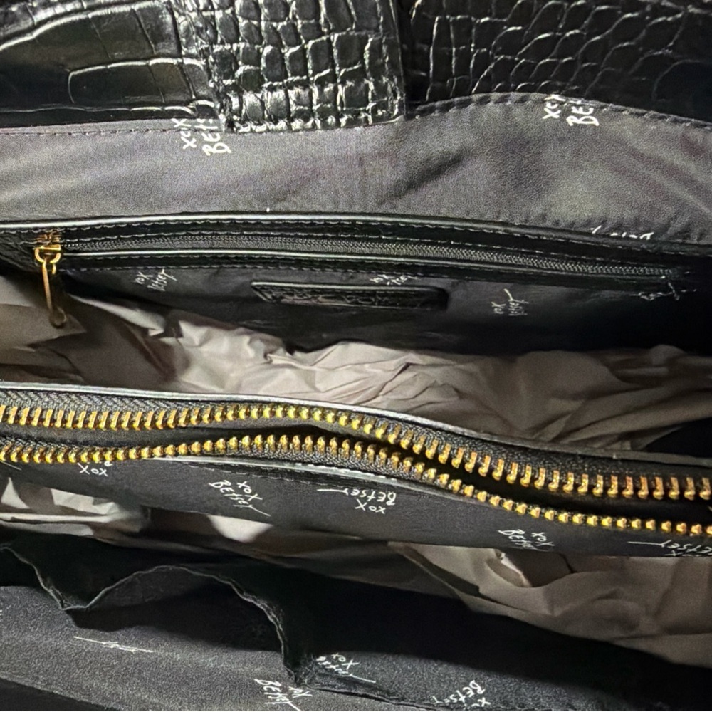 Betsey Johnson Black Croc-Embossed Tote with Gold Chain Accents - Picture 8 of 11